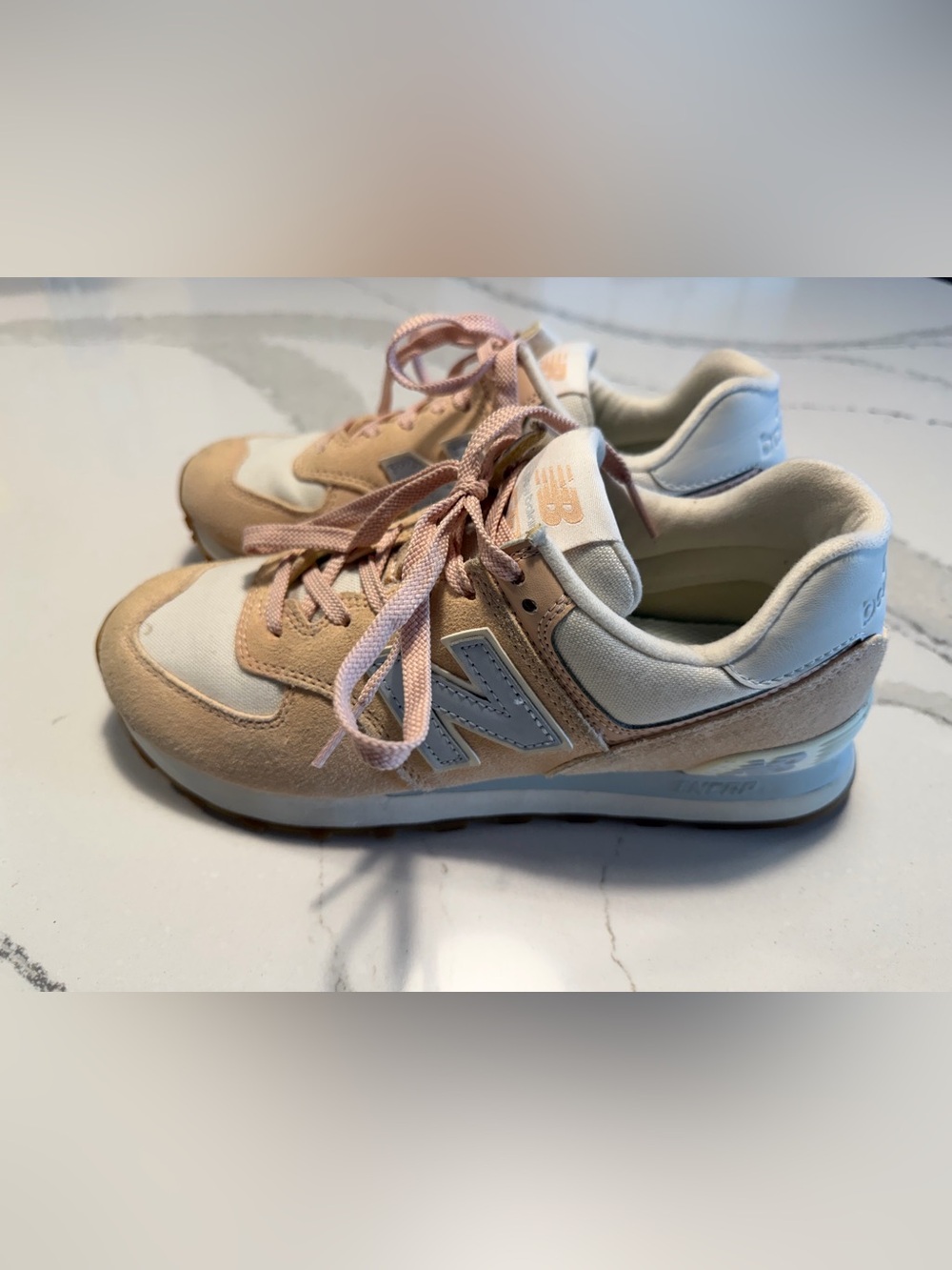 New Balance 574 rose water peach suede and blue sneakers Size 7.5